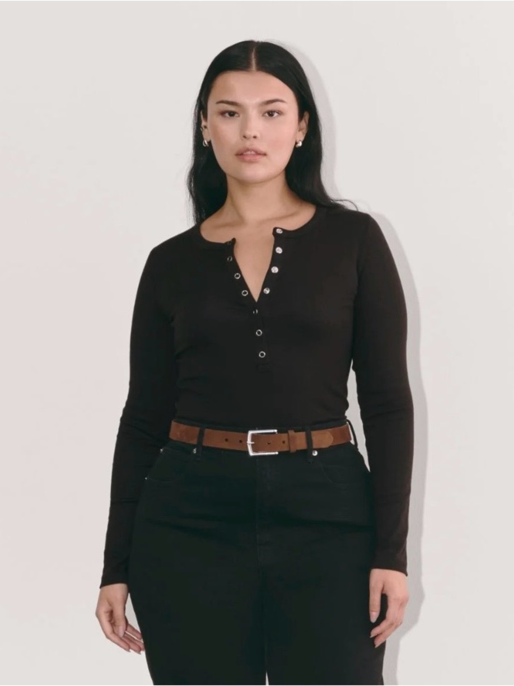 Everlane Alice Pima Cotton Black Long-Sleeve Henley Top